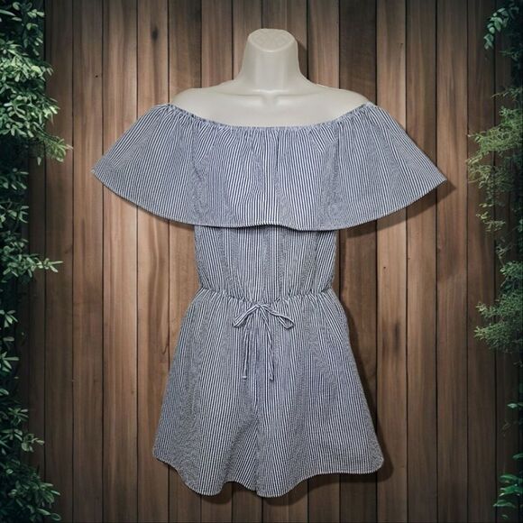 Charming Charlie Off-Shoulder Ruffle Striped Romper - Picture 1 of 8